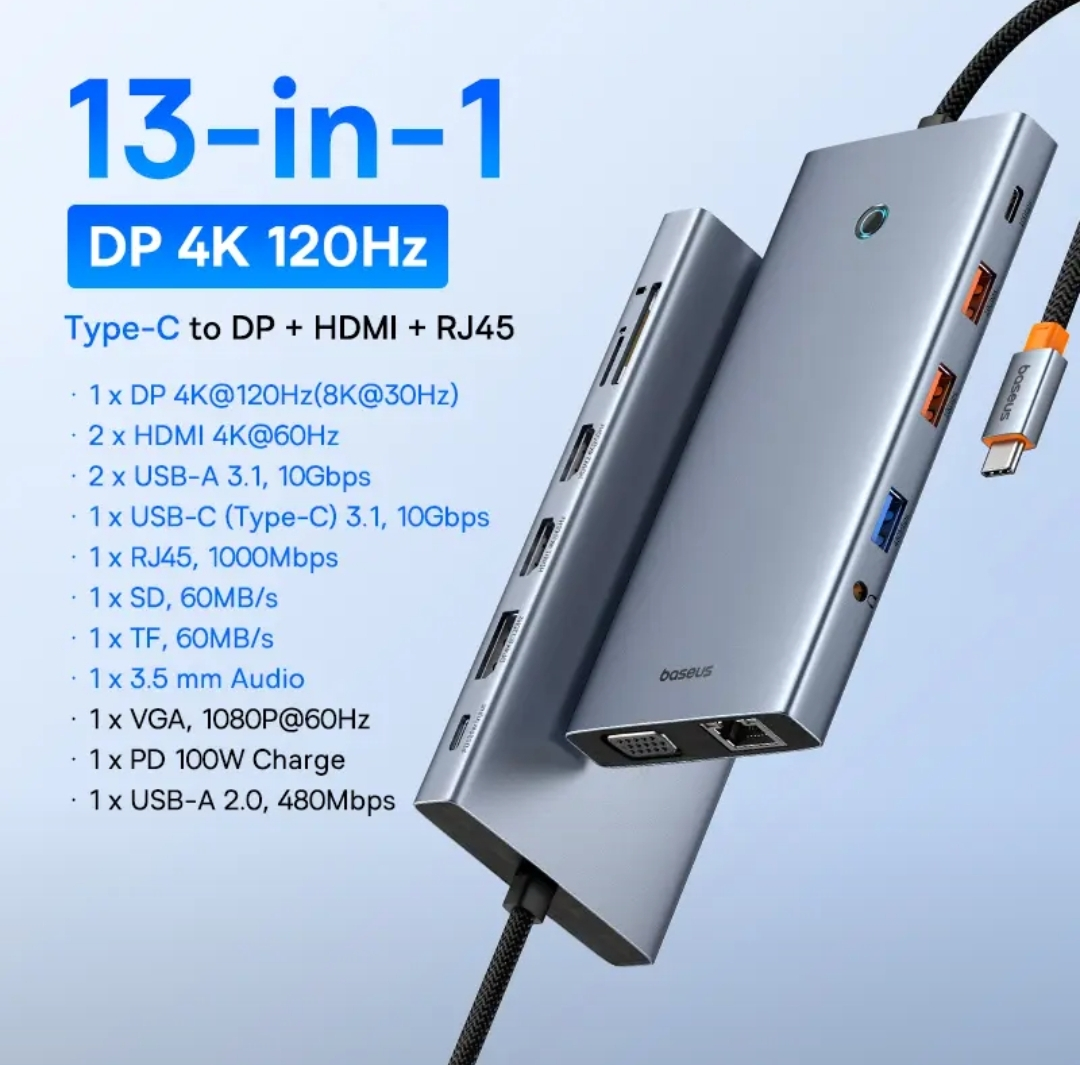 USB-Концентратор Baseus 13-in1 8K DP, 4K HDMI